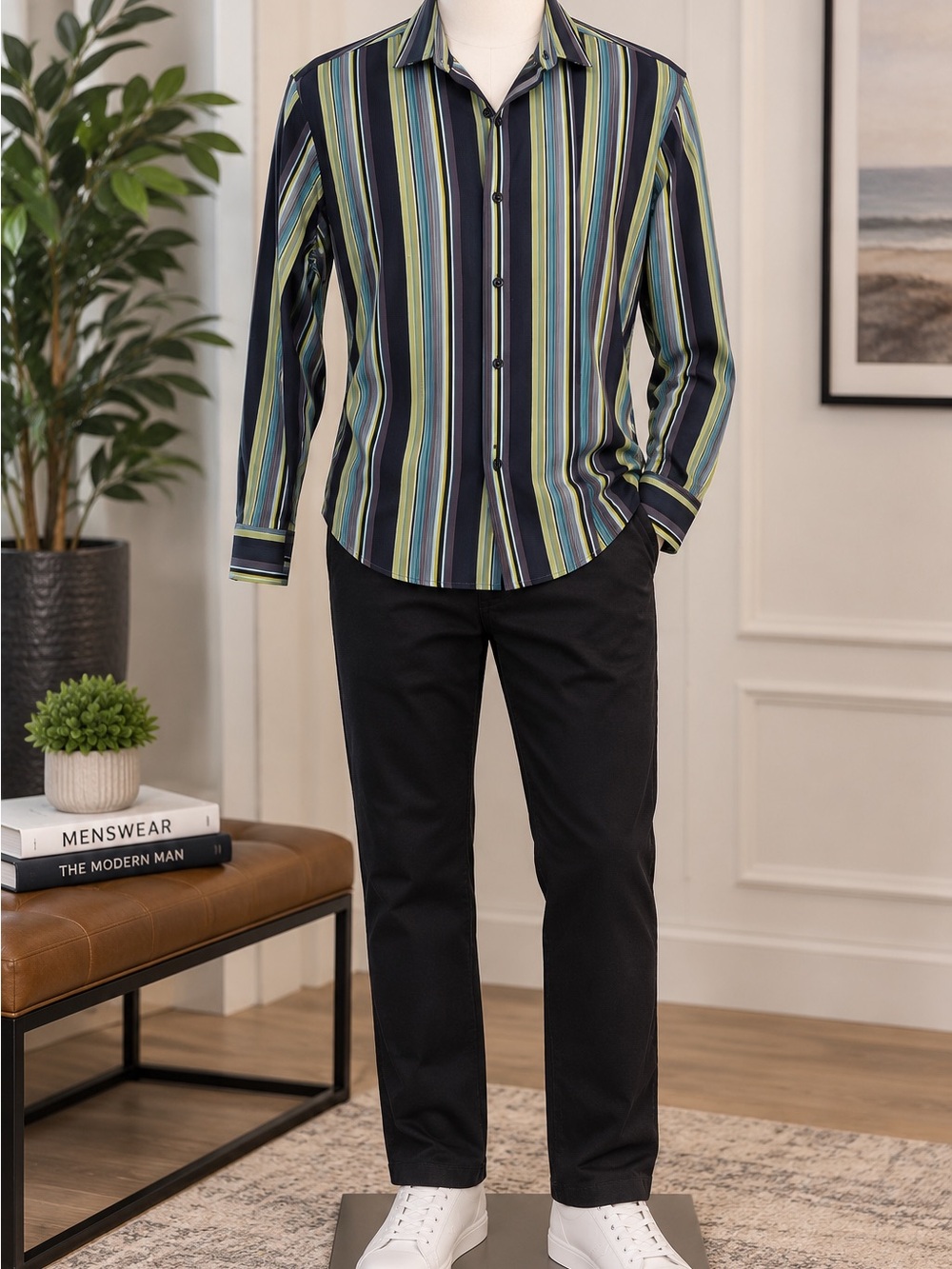 INC International Concepts Men's Striped Black and Green Shirt Slim Fit